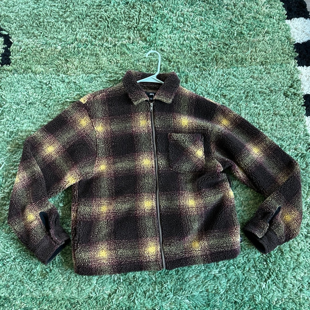Stussy Kids Plaid Puffer Jacket in Brown and Yellow